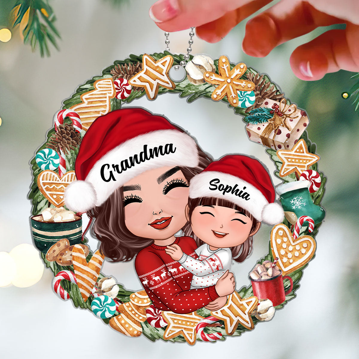 Christmas Wreath Ginger Bread Grandma Hugging Grandkids Personalized Acrylic Ornament