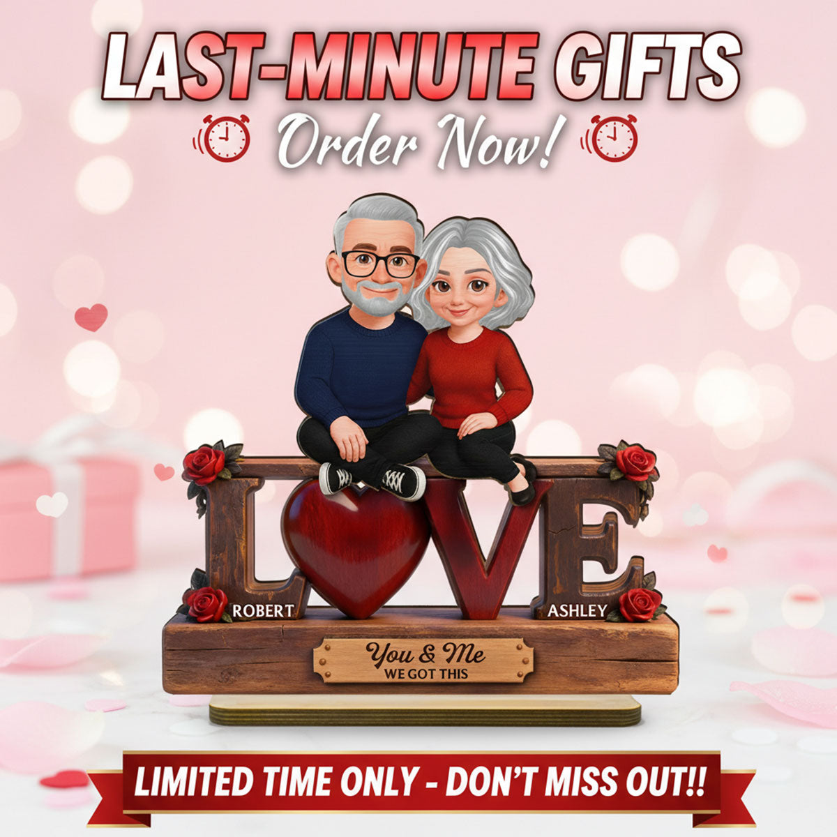 Roses LOVE Couple Sitting Embracing - Personalized 2-Layered Wooden Plaque - Valentine's Day Gift For Couple, For Him, For Her