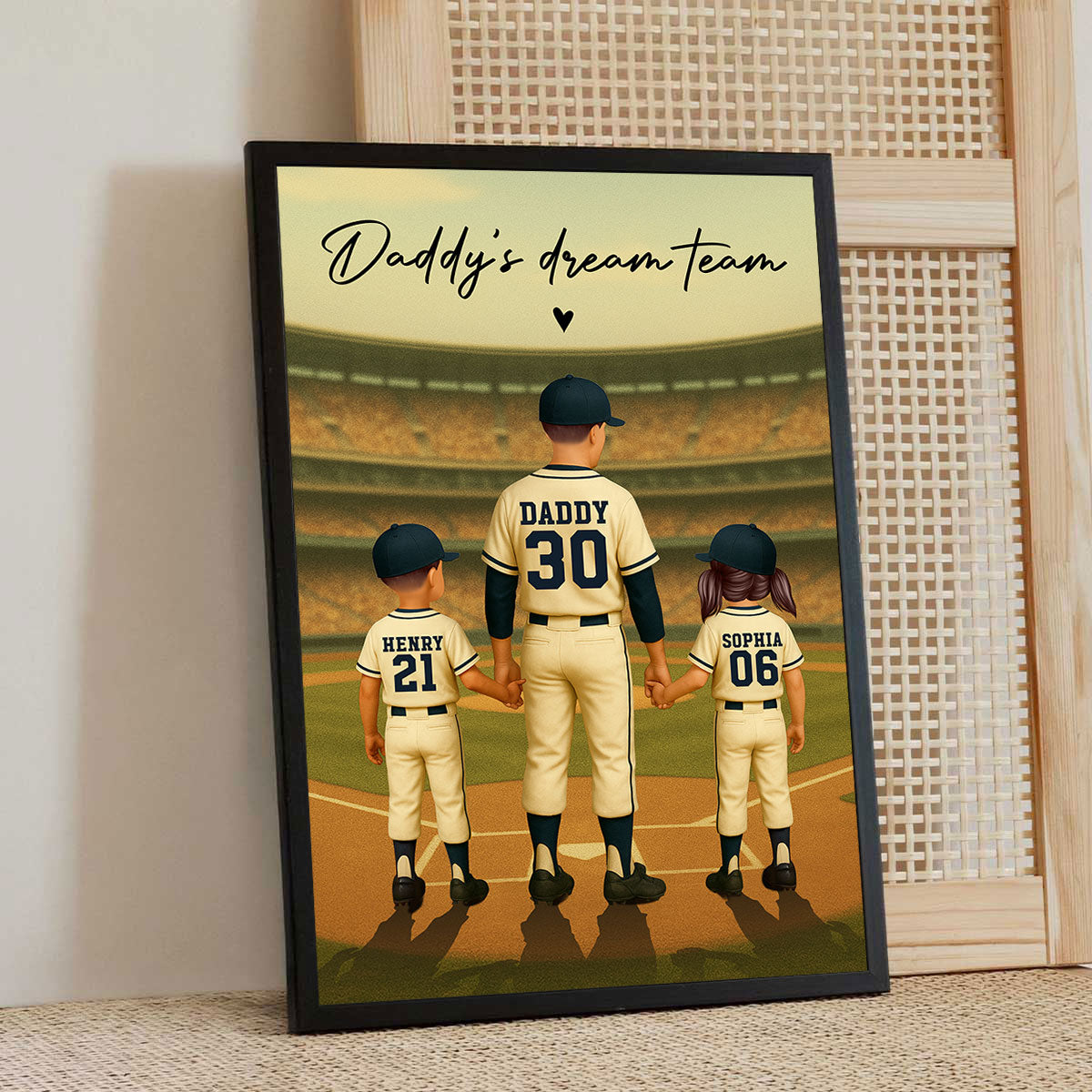 Daddy's Dream Team No. 1 Dad Man & Kids Baseball Retro Personalized Poster