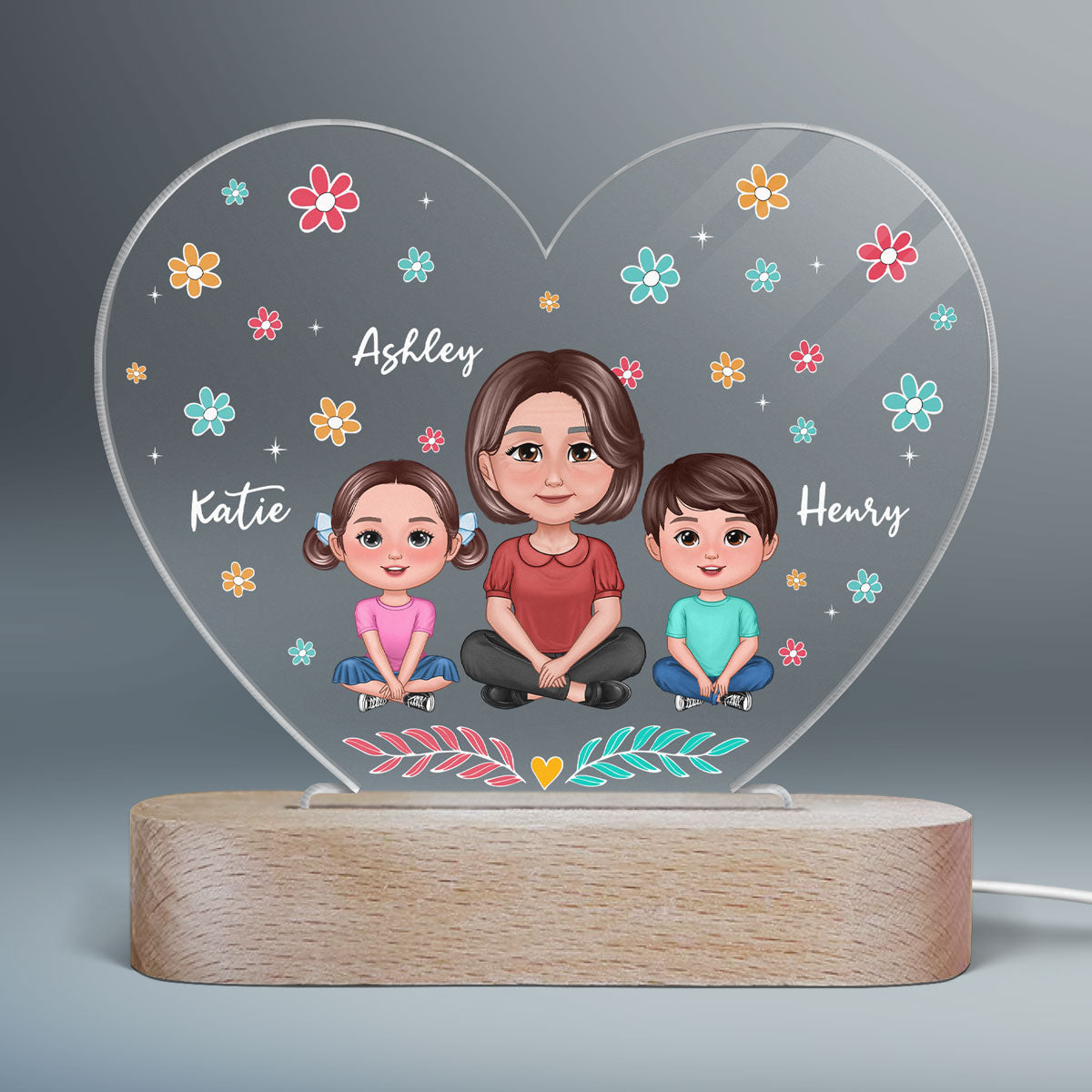 Pretty Doll Mom Grandma And Kids Flowers Personalized Heart Acrylic LED Night Light