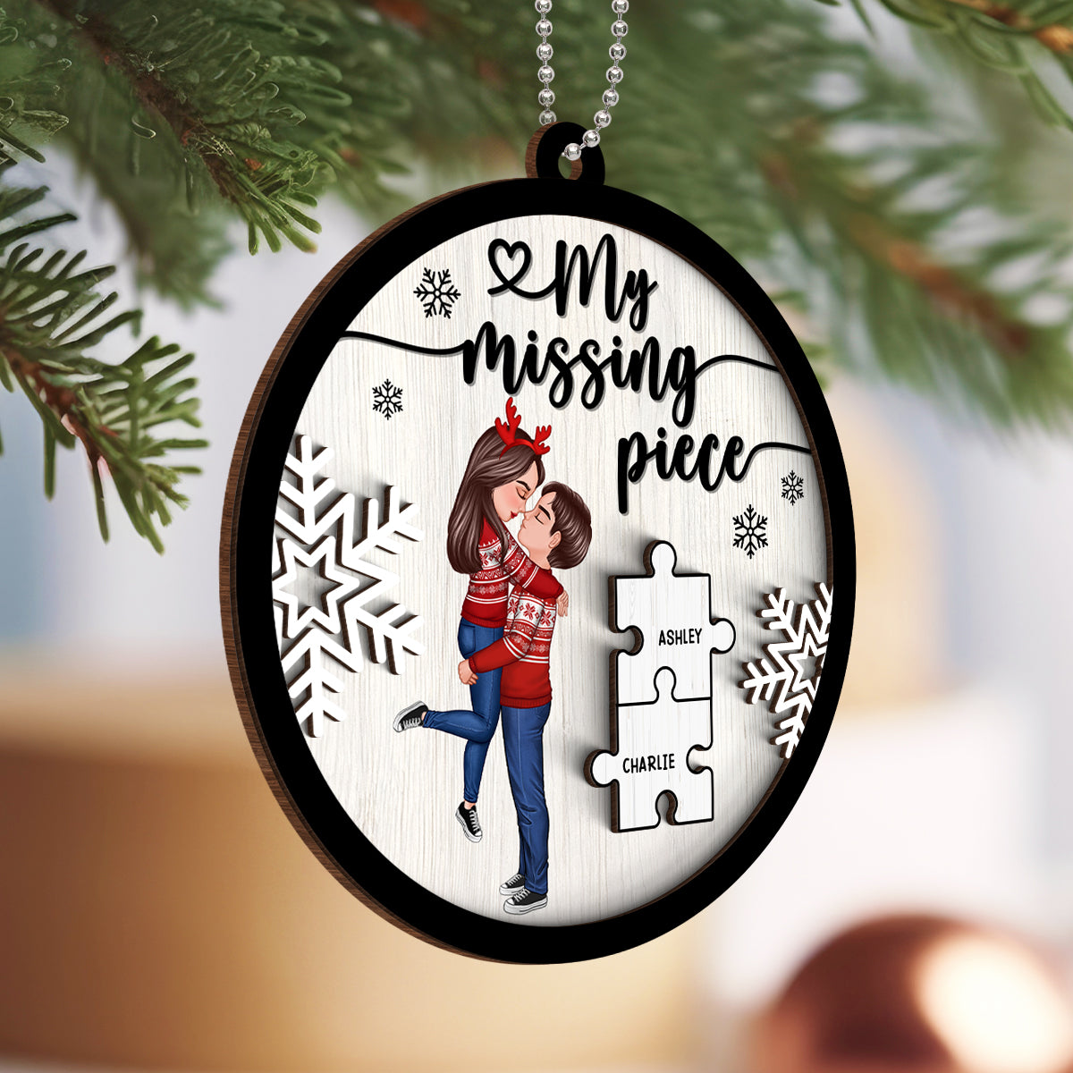 My Missing Piece Couple Hugging Kissing Personalized 2-Layer Wooden Ornament, Christmas Gift For Her, For Him