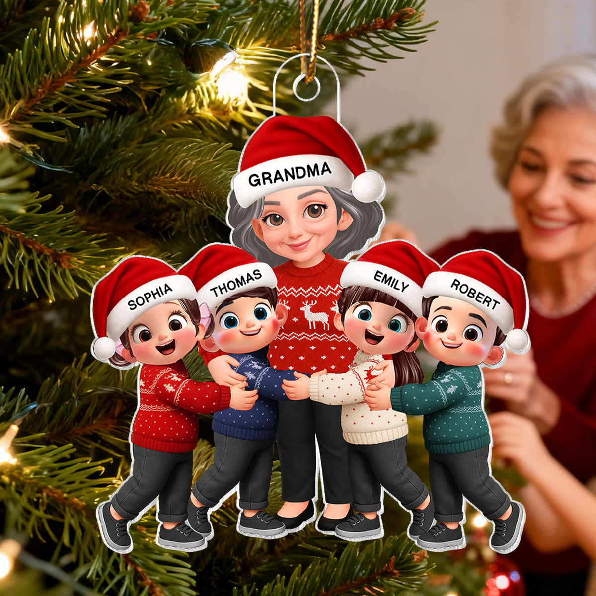 Endless Love Christmas Grandma Hugging Grandkids - Personalized Acrylic Ornament - Gift For Grandma, Grandkids