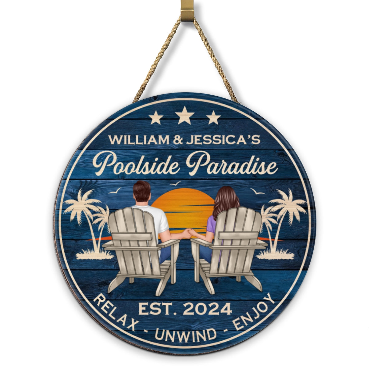 Poolside Paradise Couple Sitting - Personalized Wood Sign