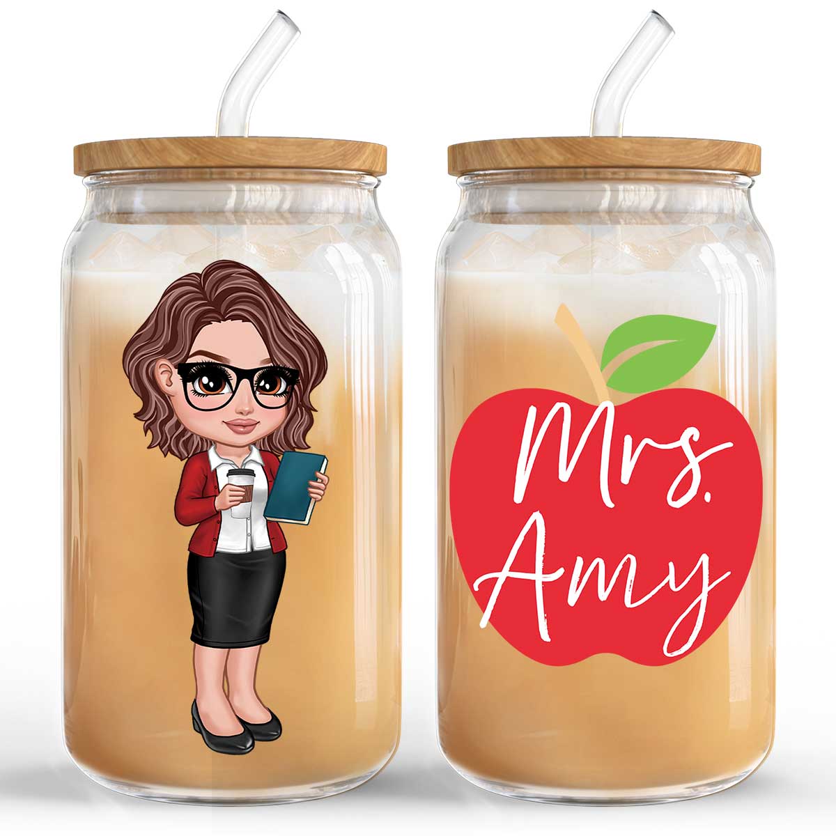 Y2K Style Teacher Apple Personalized Clear Glass Can, Gift For Teacher, Appreciation Gift