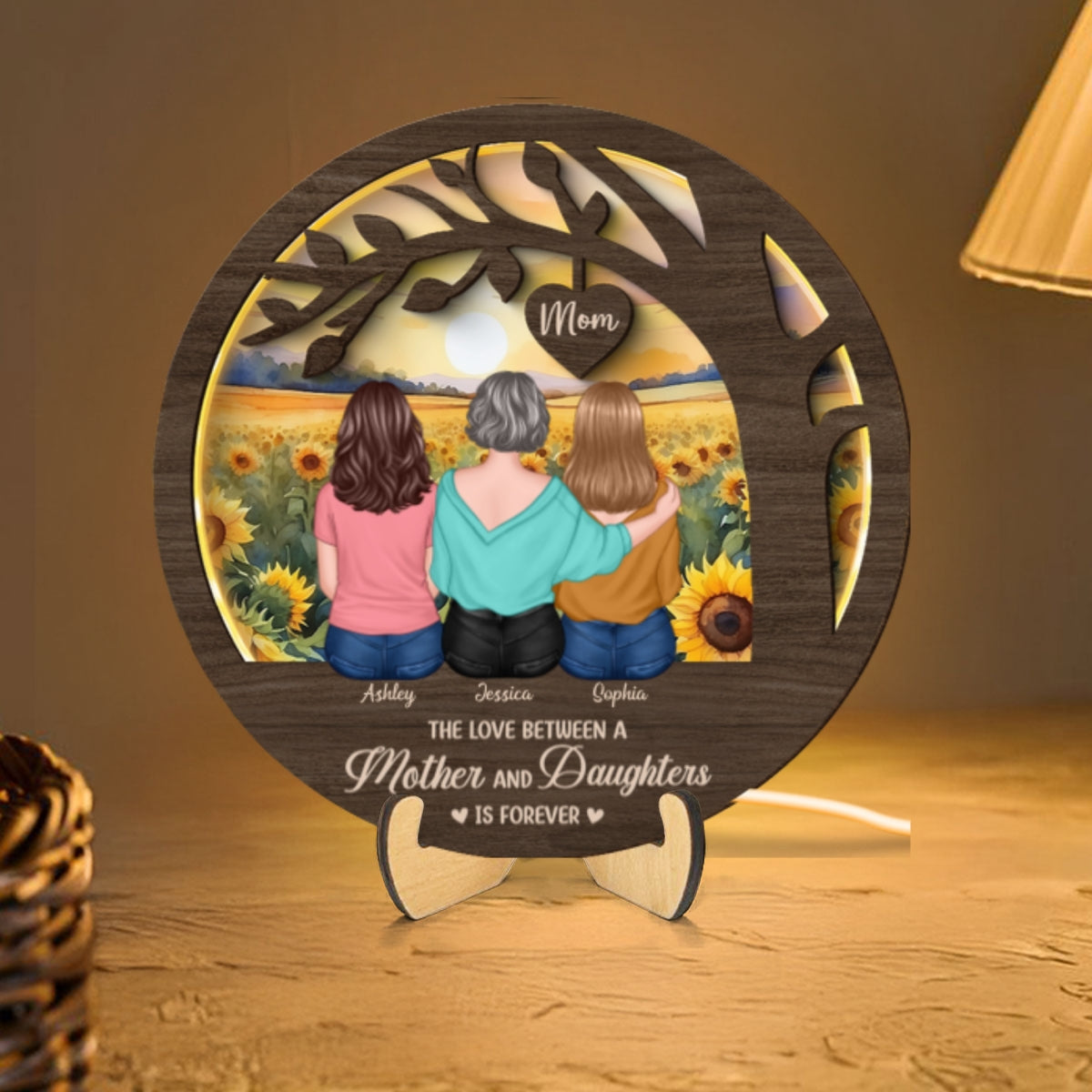 Mother Daughters Sitting Under Tree Personalized Wooden Frame With LED, Mother's Day gift for Mom