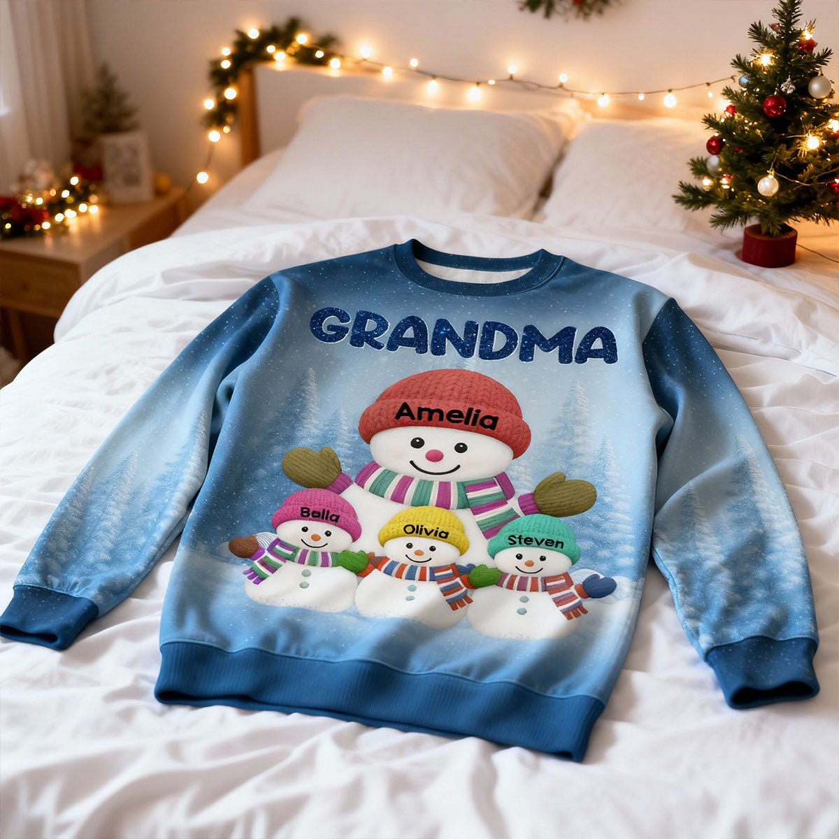 Heartwarming Grandma Grandkids Snowman Together - Personalized Ugly Sweater