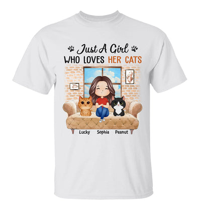 Just A Girl Who Loves Cats Watercolor Woman And Watercolor Cute Cats Sitting By The Window Personalized Shirt