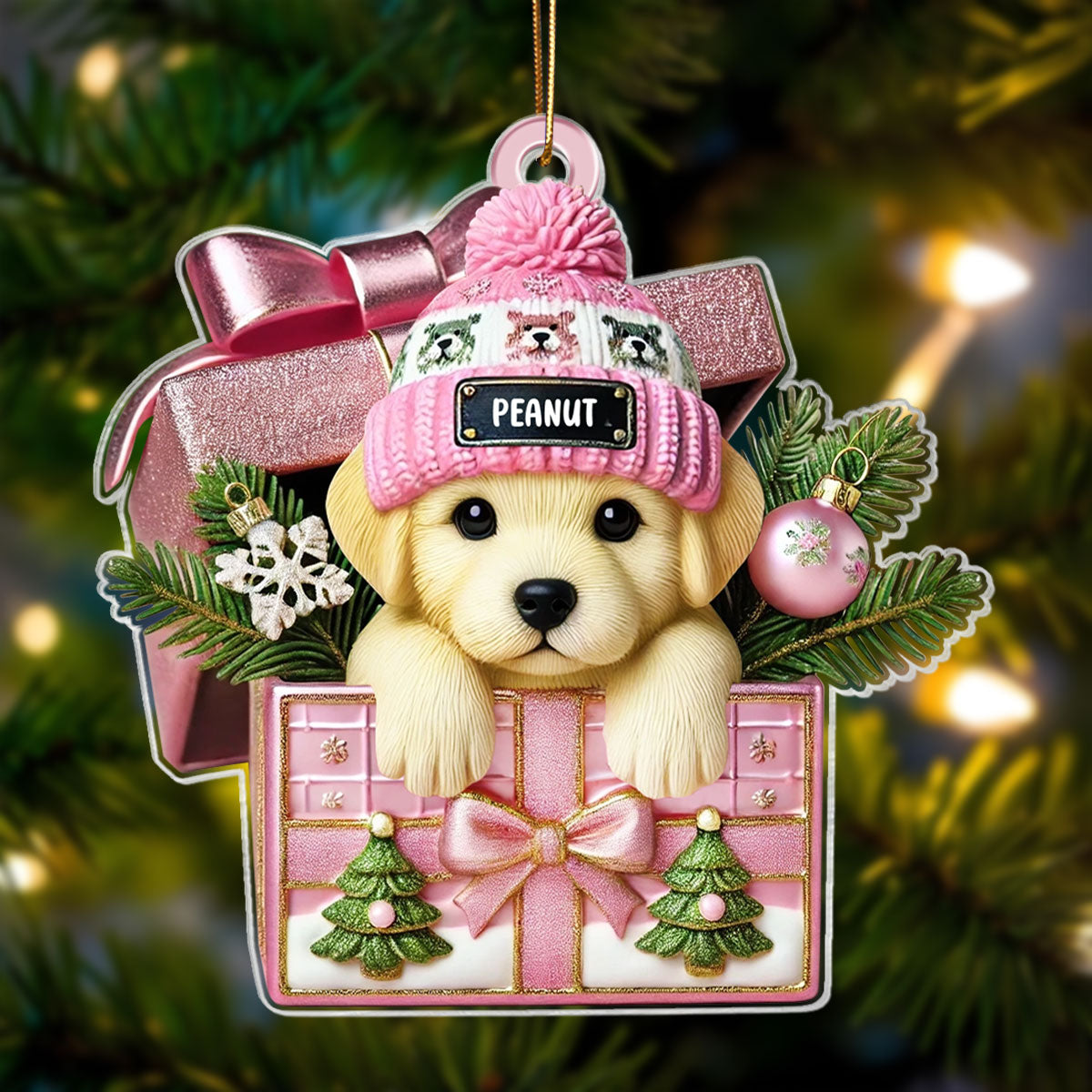 Cute Labrador Dog Inside Gift Box Personalized 2D Flat Acrylic Ornament, Christmas Gift for Dog Lovers