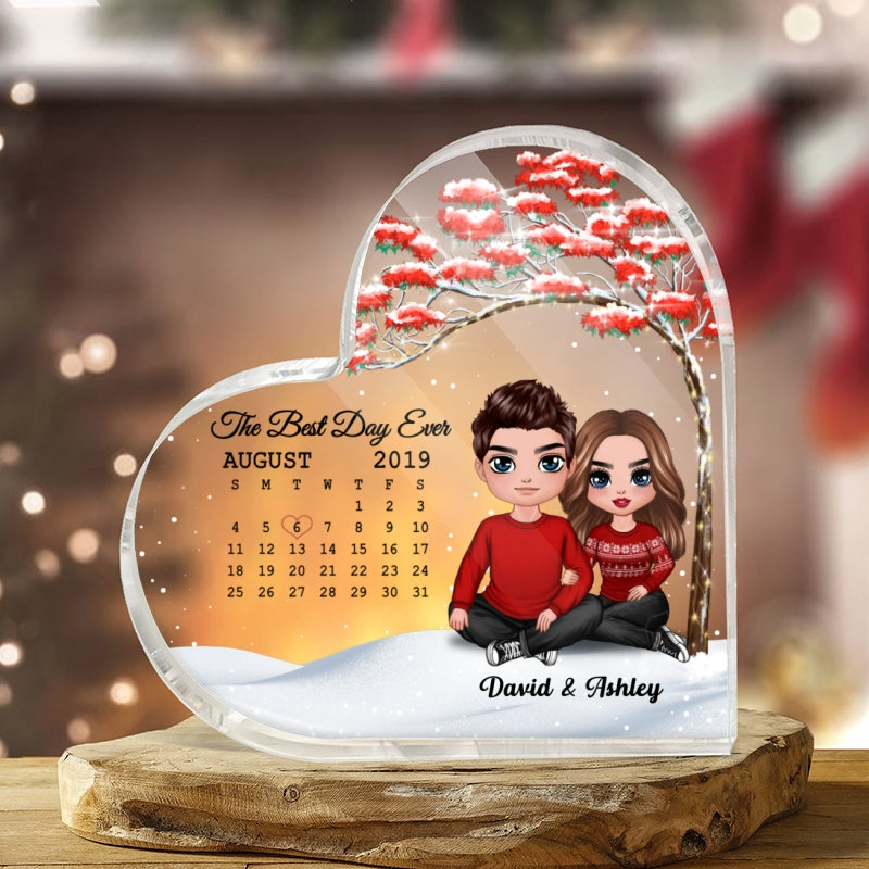 Embracing Doll Couple Sitting Under Red Tree Calendar Anniversary Date Personalized Heart Acrylic Plaque