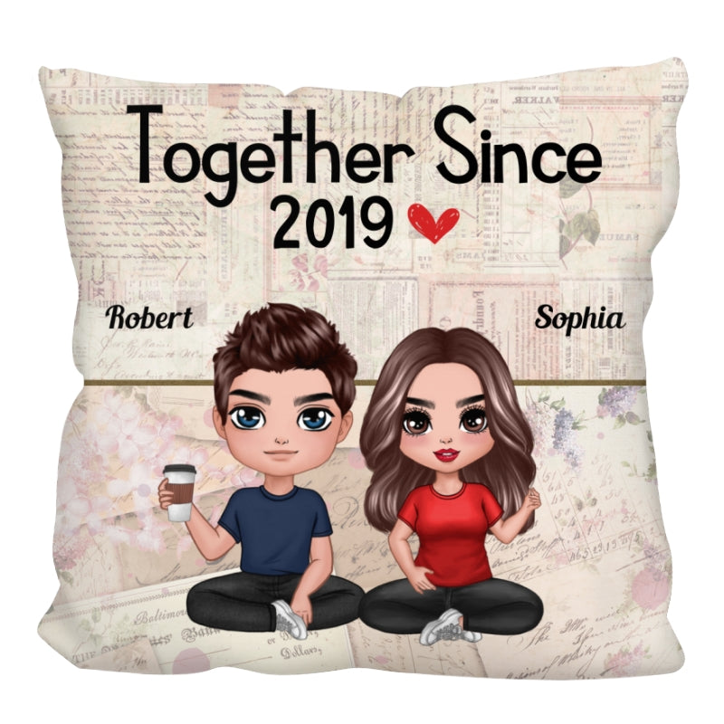 Doll Couple Sitting Together Since Floral Old Paper Personalized Pillow