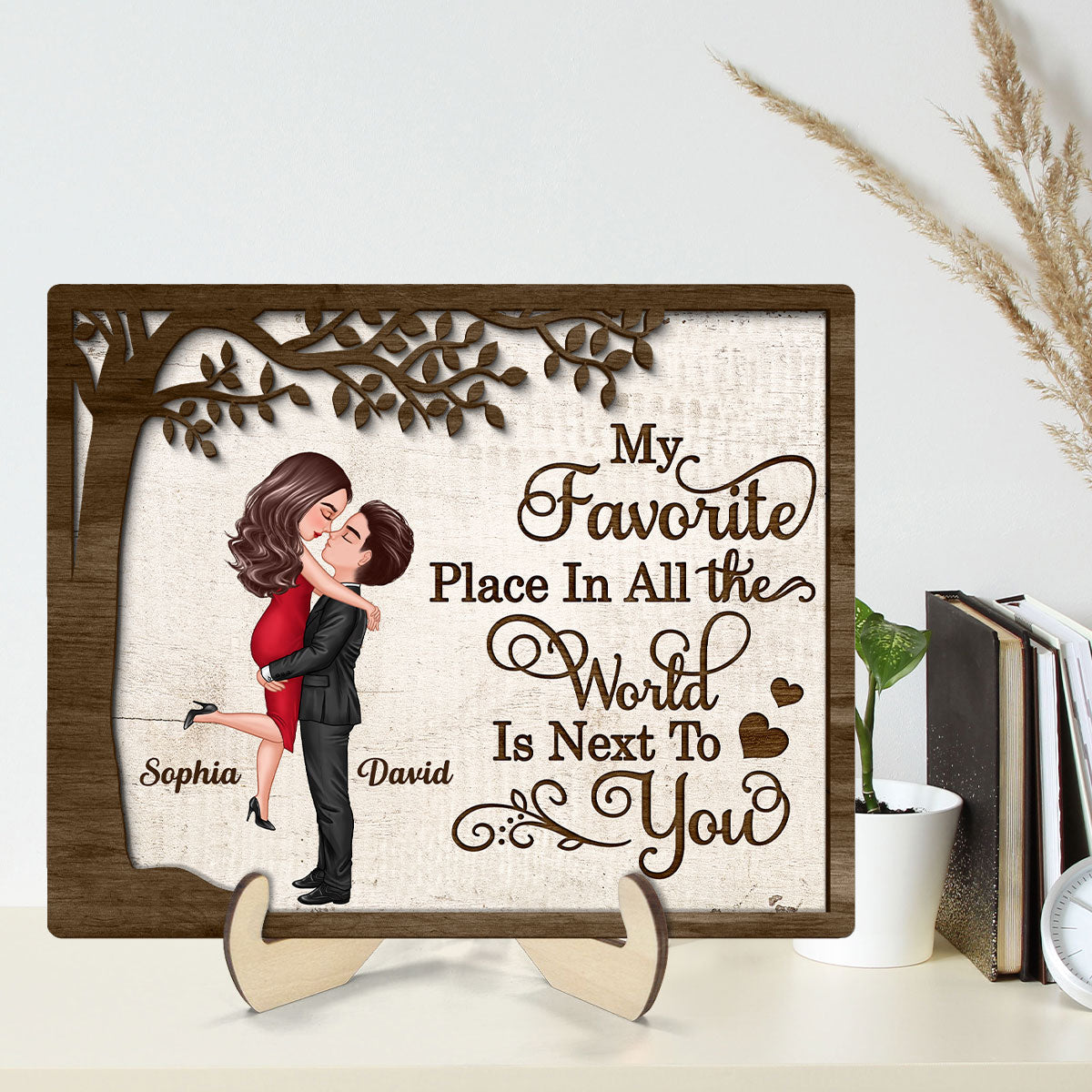 My Favorite Place In All The World Hugging Couple Personalized 2-Layer Wooden Plaque, Gift For Him, For Her