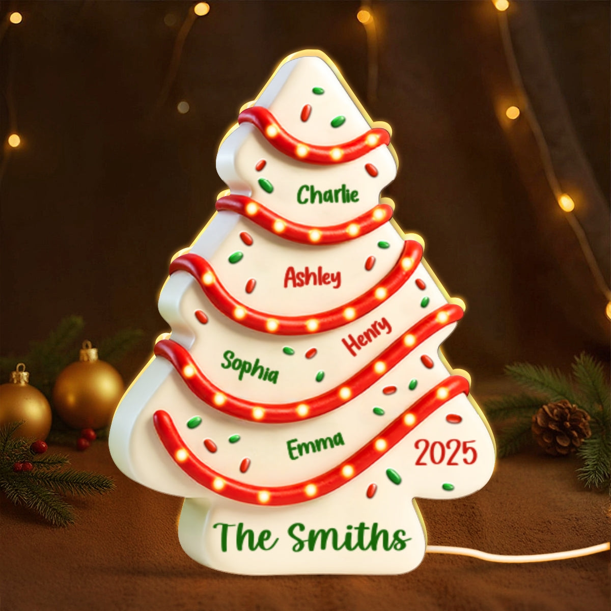Family Names 3D Effect Christmas Tree Cake Personalized Light Box, Christmas Decor