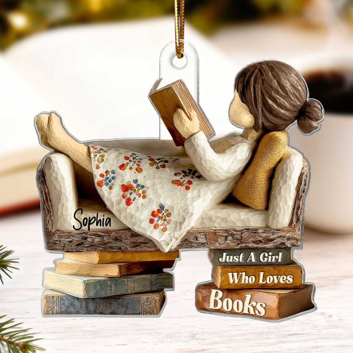 Man Woman Reading Book On Sofa 3D Effect - Personalized Acrylic Ornament - Christmas Gift For Book Lover, Bookworm