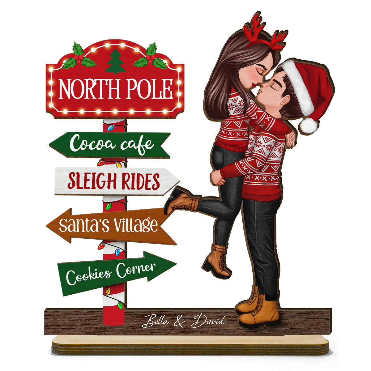Couple Hugging North Pole Sign Christmas Decor Personalized 2-Layer Standing Wooden Plaque
