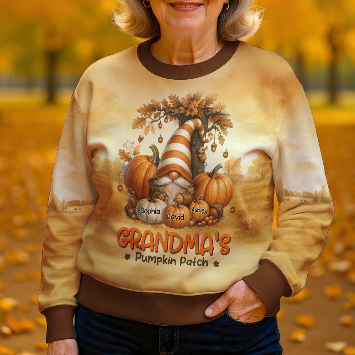 Gnome Grandma's Pumpkin 3D Personalized Fall Sweatshirt, Cozy Fall Sweatshirt for Grandma
