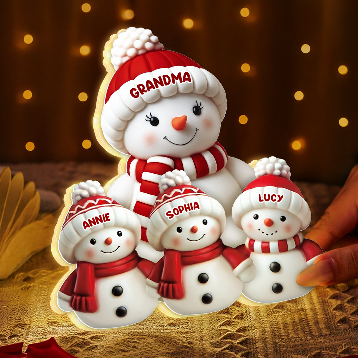 3D Effect Cute Snowman Grandma & Grandkids - Personalized Light Box - Christmas Decor For Family, Grandma