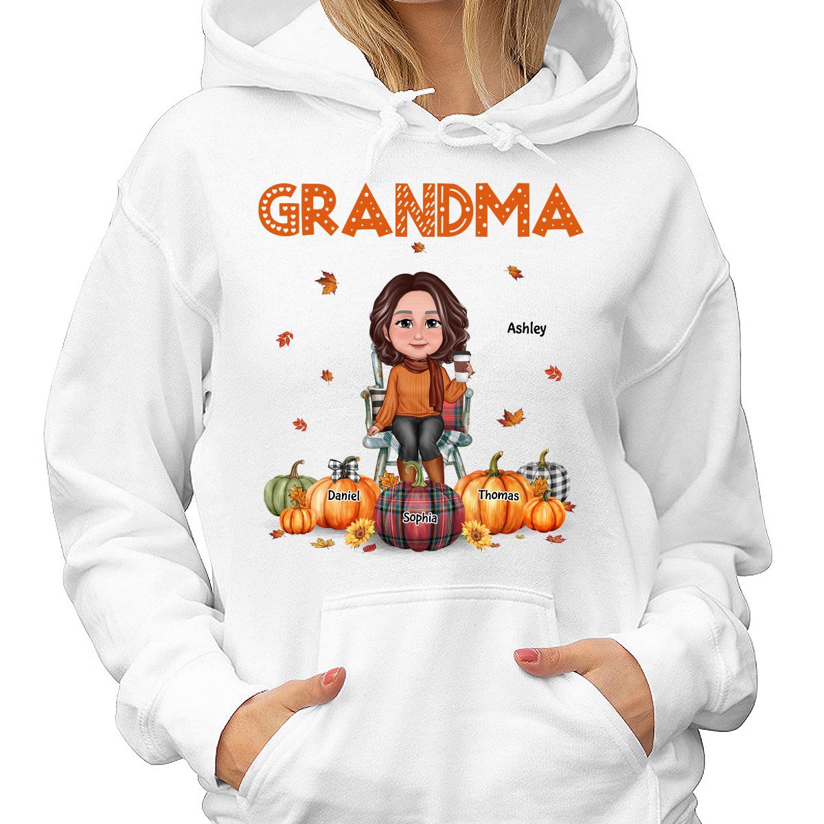 Fall Season Grandma Mom Sitting On Chair Pumpkins Personalized Shirt