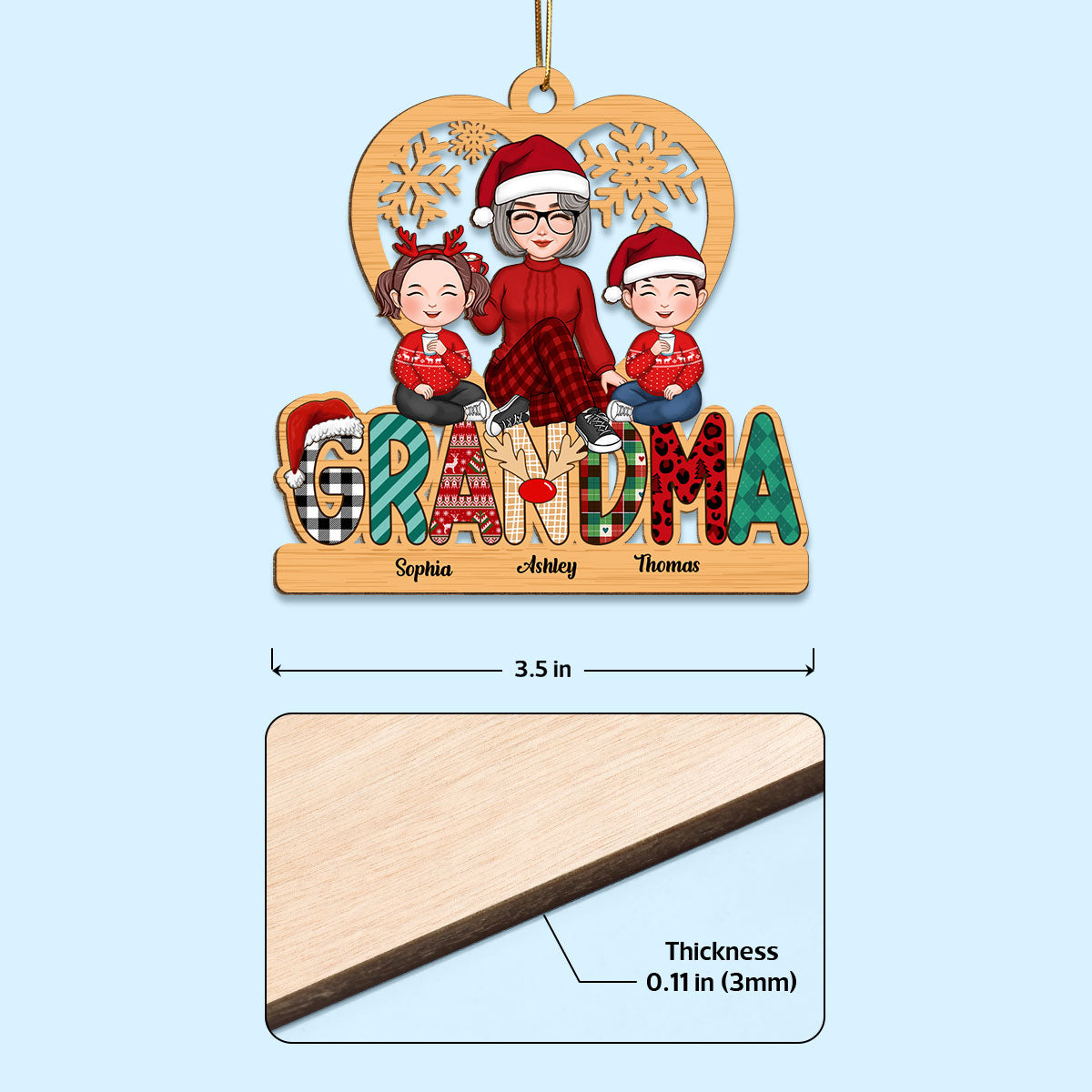 Grandma Claus Christmas Pattern Personalized Wooden Ornament