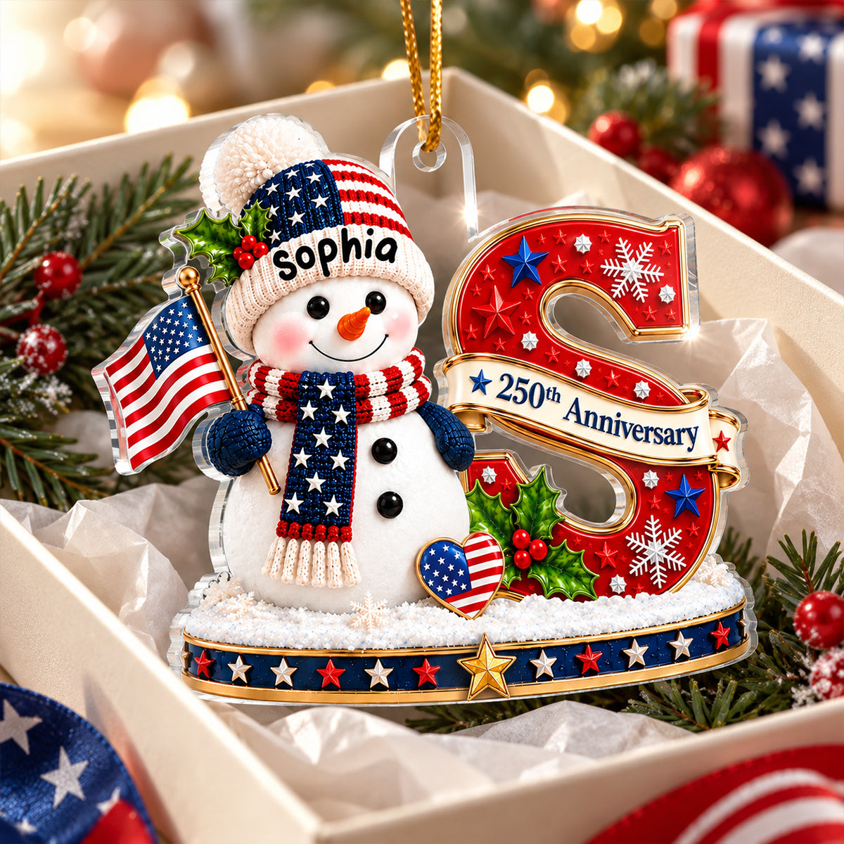 Patriotic Snowman Initial Custom Name 2D Flat - Personalized Acrylic Ornament - USA 250th Anniversary Keepsake