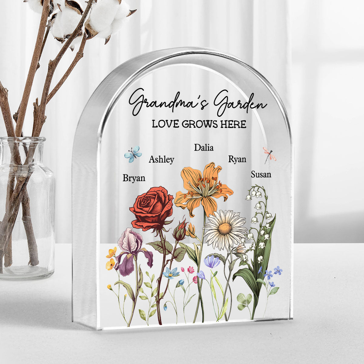 Grandma's Garden Vintage Birth Month Flowers Dome Shaped Personalized Acrylic Block Plaque, Gift For Mom, Gift For Grandma