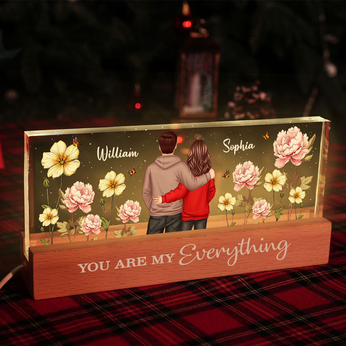 Couple Birth Month Flower - Personalized Acrylic Block Plaque LED Night Light - Gift for Him, Gift for Her
