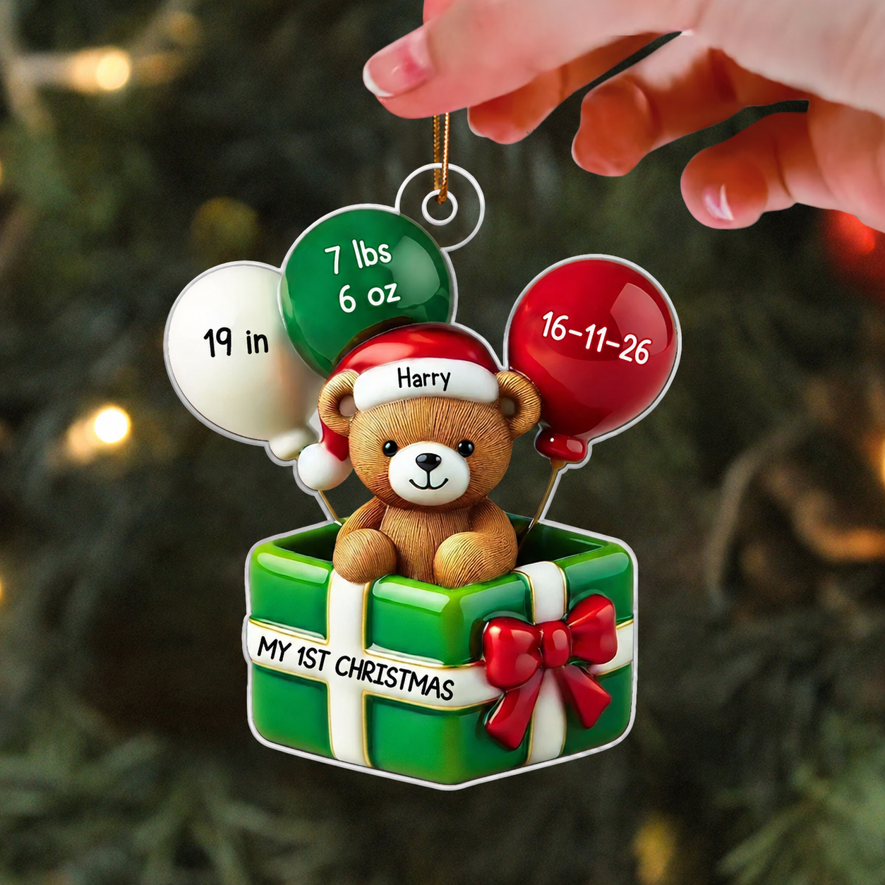 3D Effect Teddy Bear Baby First Christmas Personalized Acrylic Ornament, Newborn Christmas Gift