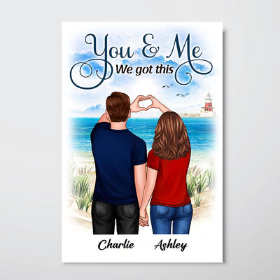 Back View Couple Heart Hands At Beach Personalized Vertical Poster - Valentine‘s Day Gift - Gift For Him, Gift For Her