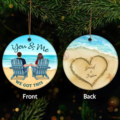Back View Couple On Beach Names On Sand Tropical Christmas Ornament for Him and Her, Wedding Anniversary Personalized 2-Sided Circle Ornament