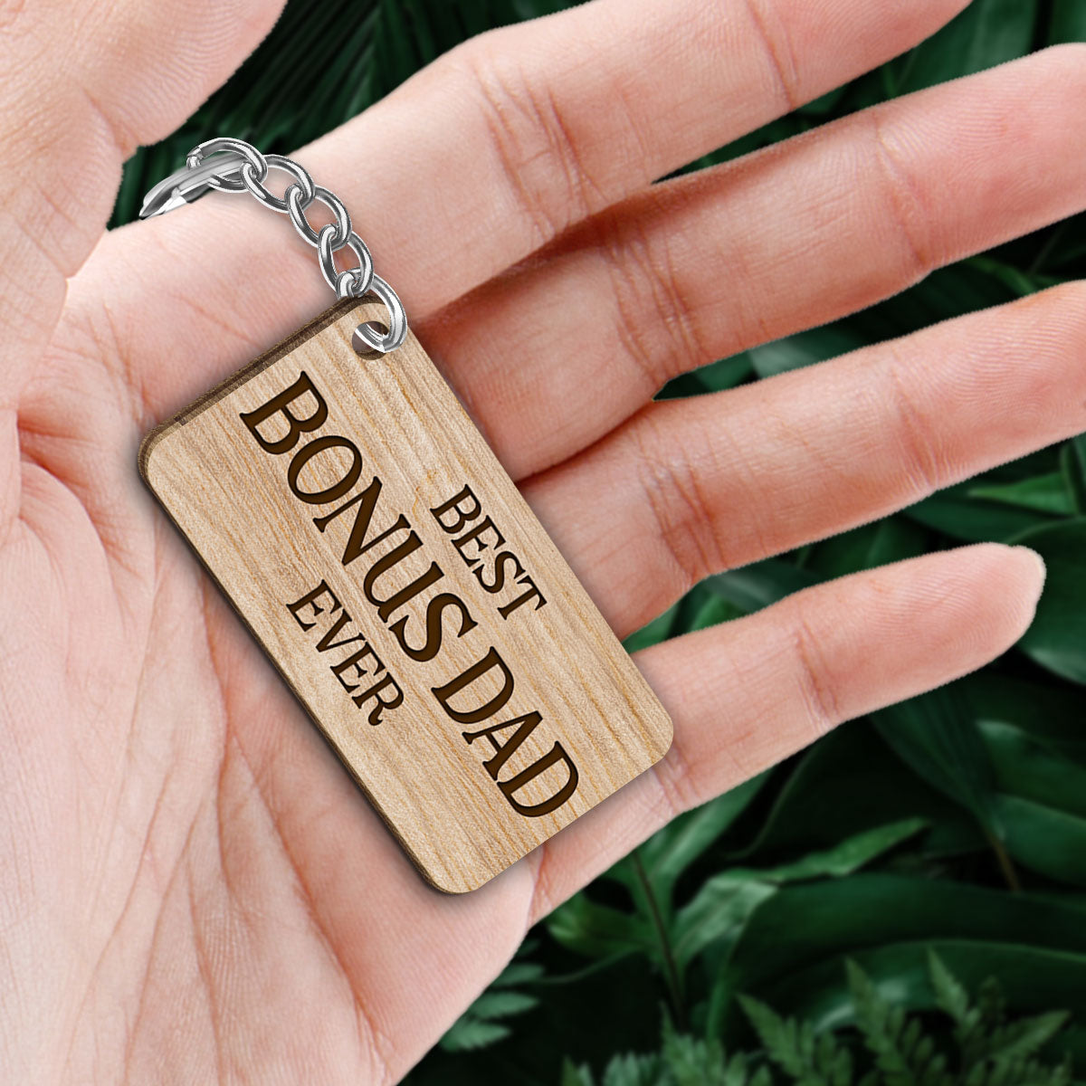 Bonus Dad Back View Man Kids Dog Cat Personalized Wooden Keychain