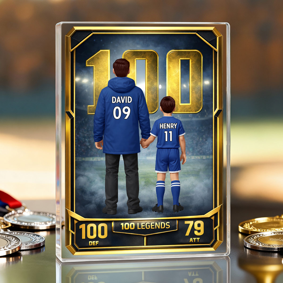 Father And Kids 100 Legends Trading Card - Personalised Acrylic Block Plaque - UK Father's Day Gift For Football Dad