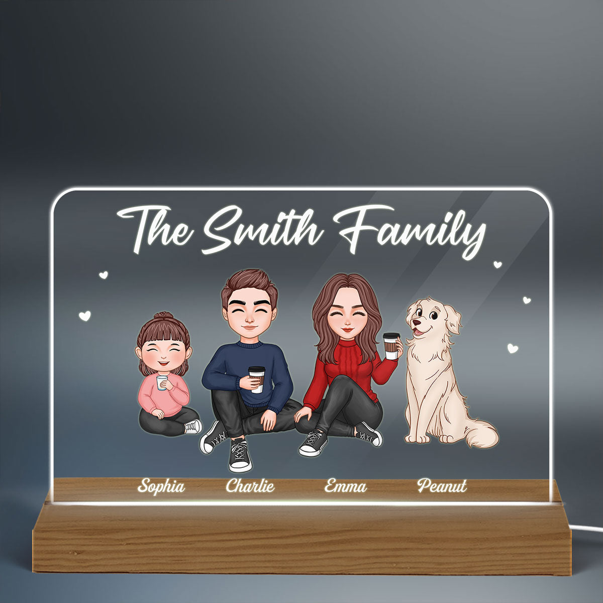 Whole Cute Family Couple Dad Mom Kids Dogs Cats Sitting Personalized Custom Shape Horizontal Rectangle Acrylic Plaque LED Night Light