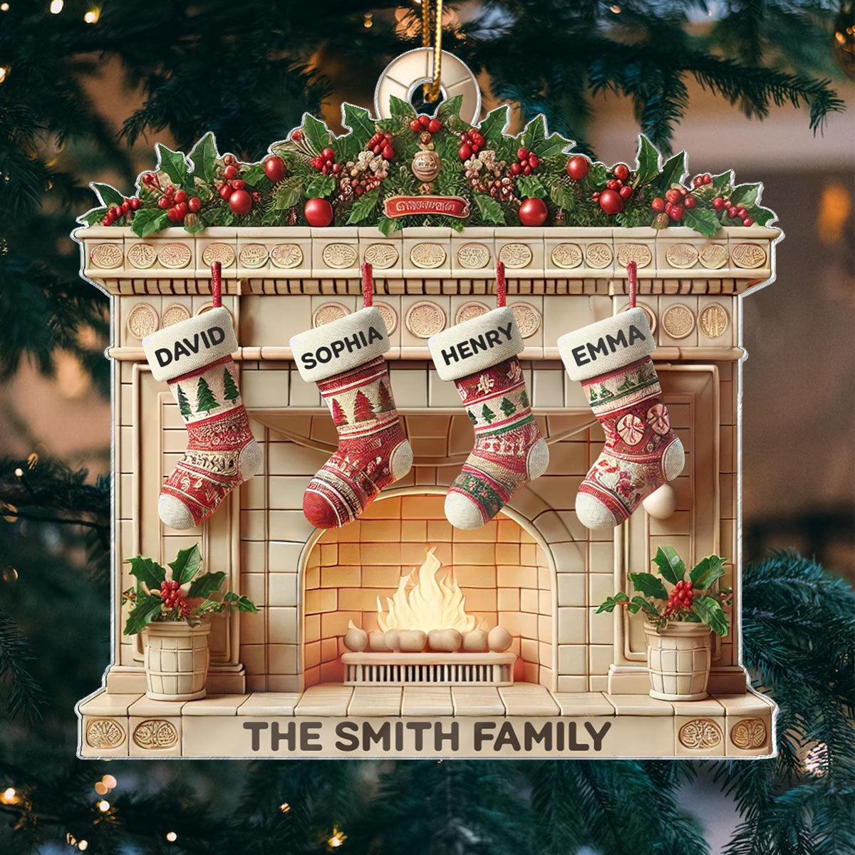 Christmas Retro Fireplace Family Christmas Stockings On Mantel 3D Effect Personalized Acrylic Ornament
