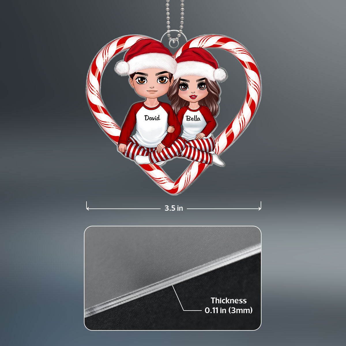 Christmas Doll Couple Sitting Candy Cane Heart Personalized Acrylic Ornament