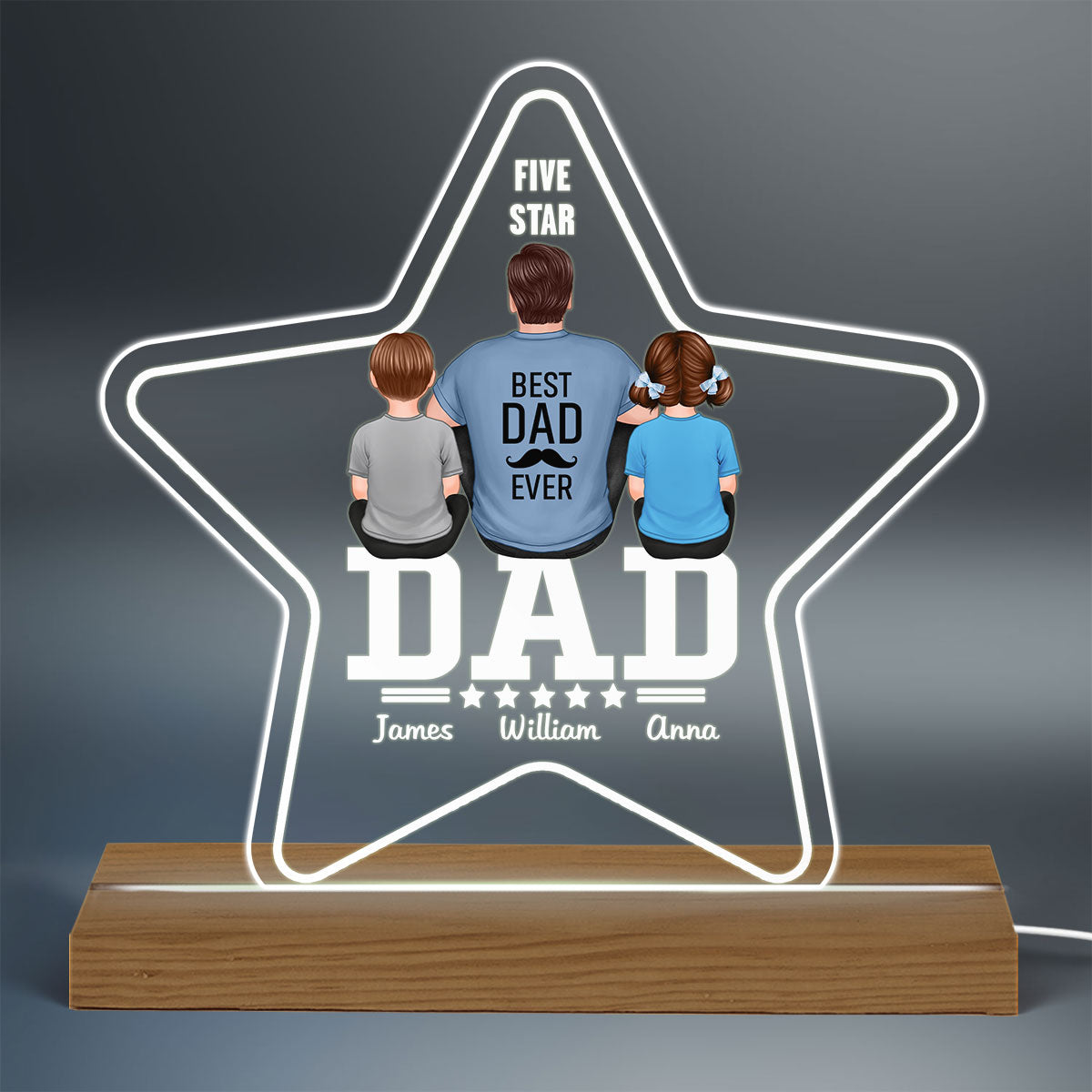 Five - Star Dad Back View Dad And Kids - Personalized Acrylic LED Night Light