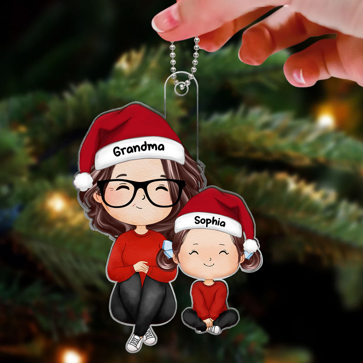 Grandma Grandkid Sitting Watercolor Christmas Gift For Grandson Granddaughter Personalized Acrylic Ornament