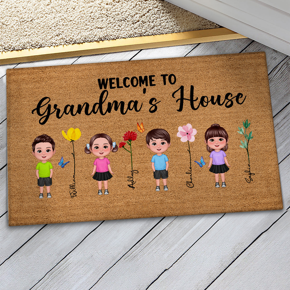 Welcome To Grandma Grandpa Grandparents House Grandkids Standing Watercolor Flowers Personalized Doormat