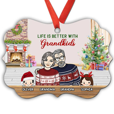 Front View Grandma Grandpa Grandparents With Grandkids Personalized Christmas Ornament