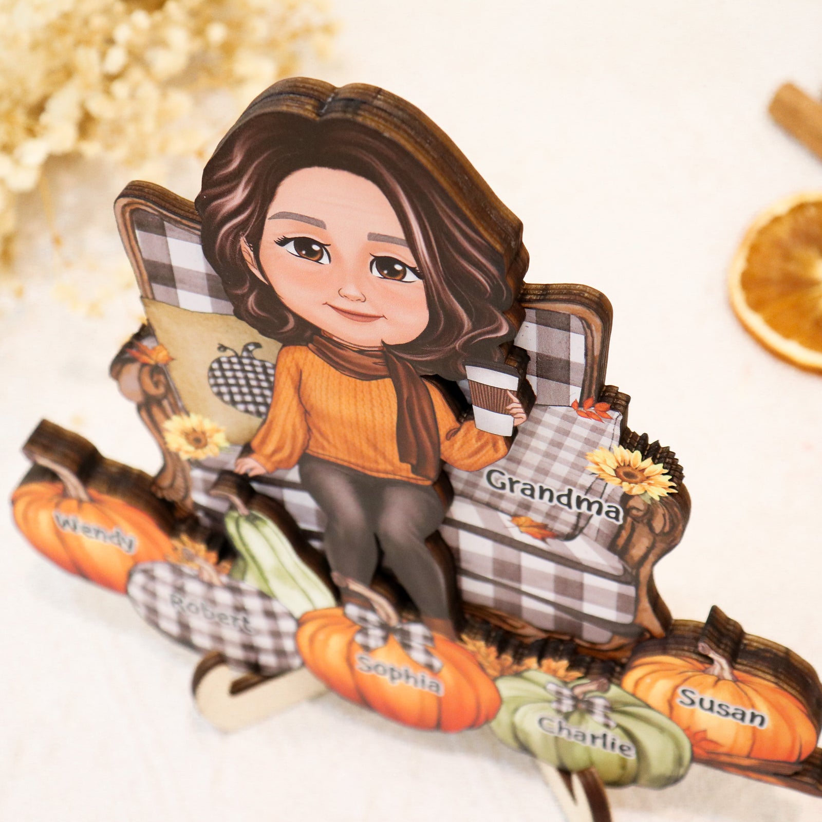 Grandma Sitting On Chair Pumpkins - Personalized 2-Layered Wooden Plaque