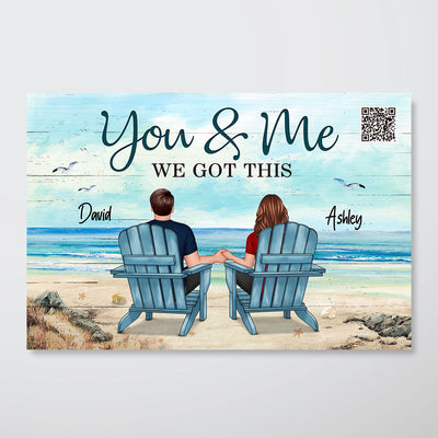 Back View Couple Sitting Beach Landscape Scannable QR Code To Favorite Song Personalized Horizontal Poster