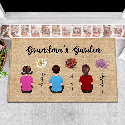 Grandkids Sitting Grandma Garden Vintage Birth Month Flowers Personalized Doormat