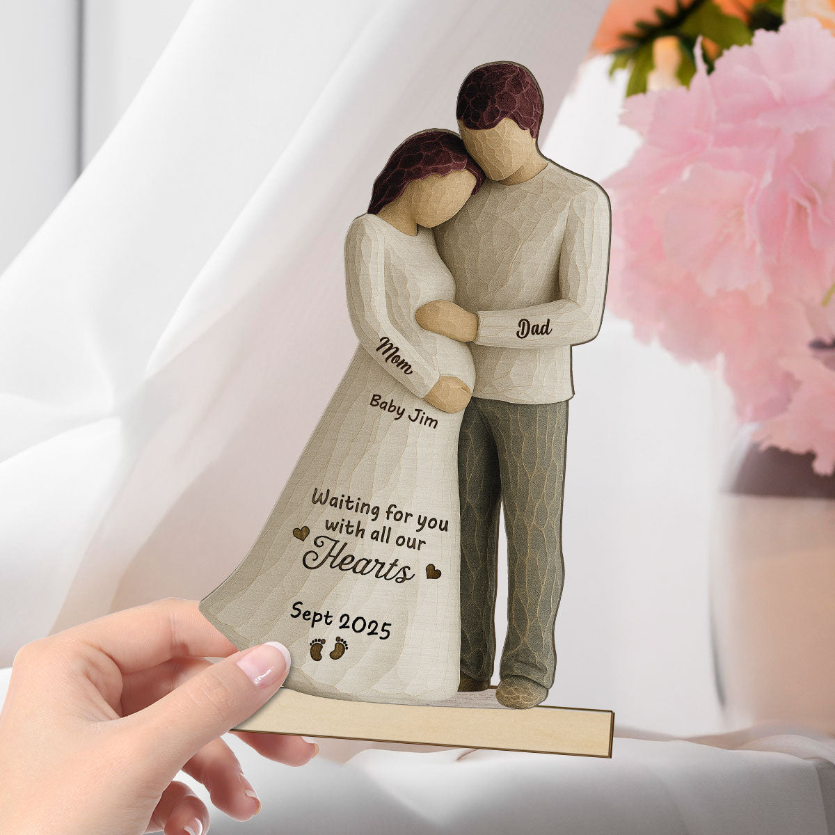 Waiting For You With All Our Hearts Couple Expecting Baby 3D Effect Personalized Standing Wooden Plaque, Baby Shower Gift For Parents-to-be