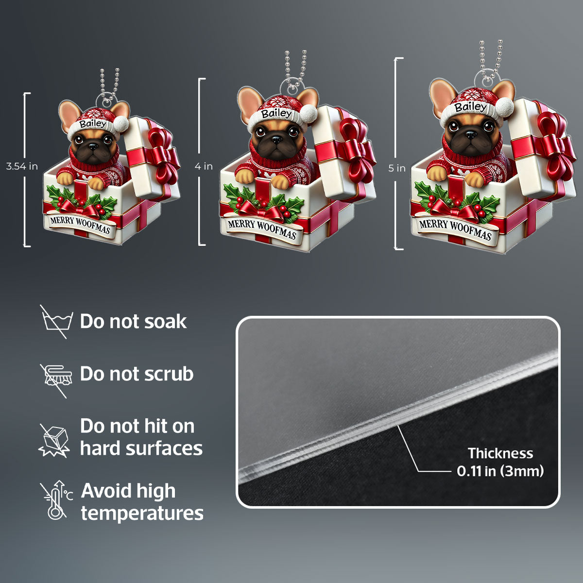 Cute Frenchie Inside Red Gift Box Personalized 2D Flat Acrylic Ornament, Christmas Gift for Dog Lovers