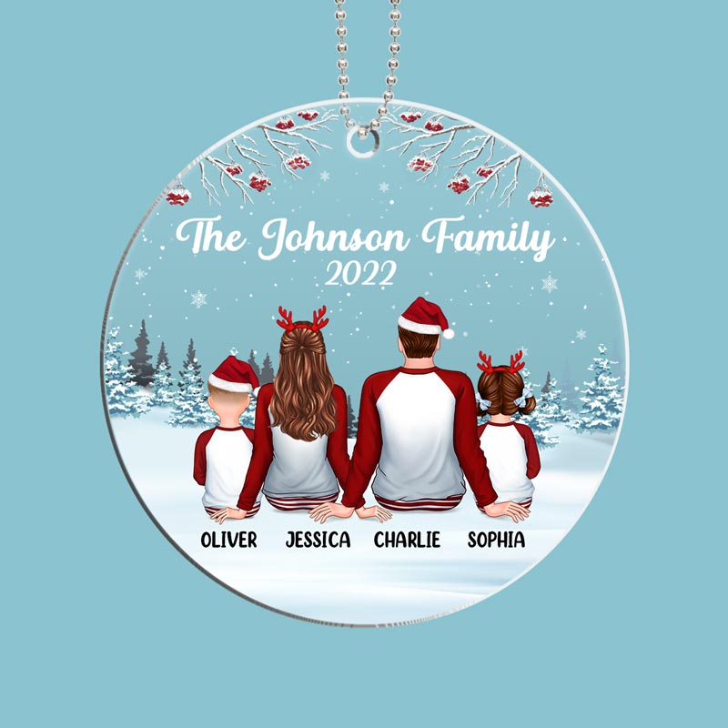 Family Back View Pajamas In Snow Personalized Circle Acrylic Ornament