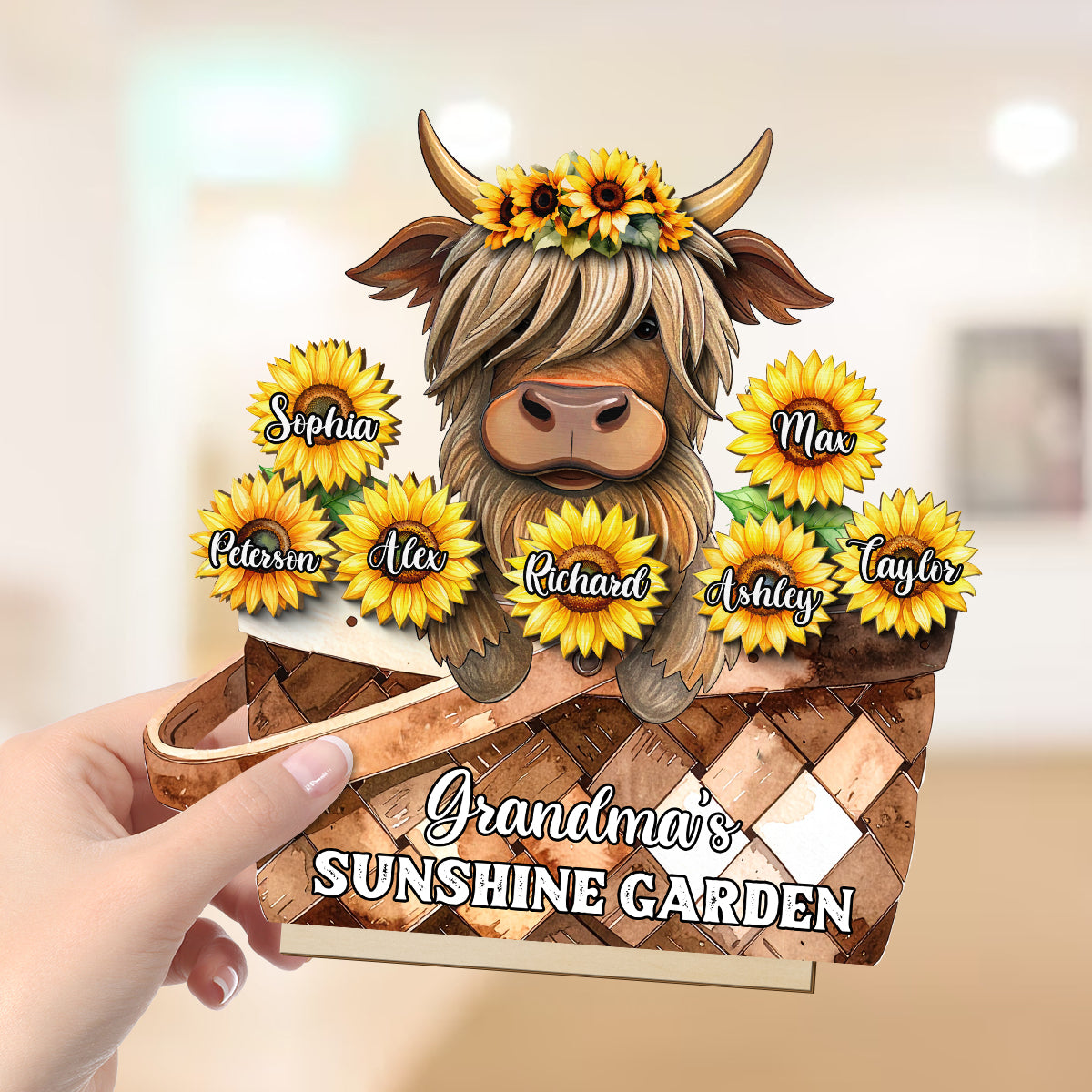 Cute Highland Cow Sunflower with Grandkids’ Names Sunny Vibe Personalized 2-Layer Standing Wooden Plaque