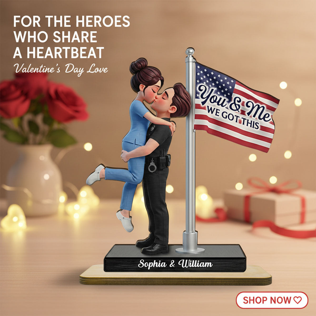 Proud Hero Couple Nation Flag - Personalized 2-Layered Wooden Plaque - Heartfelt Gift For Couple, For Him, For Her, Nurse, Police, Firefighter, Army