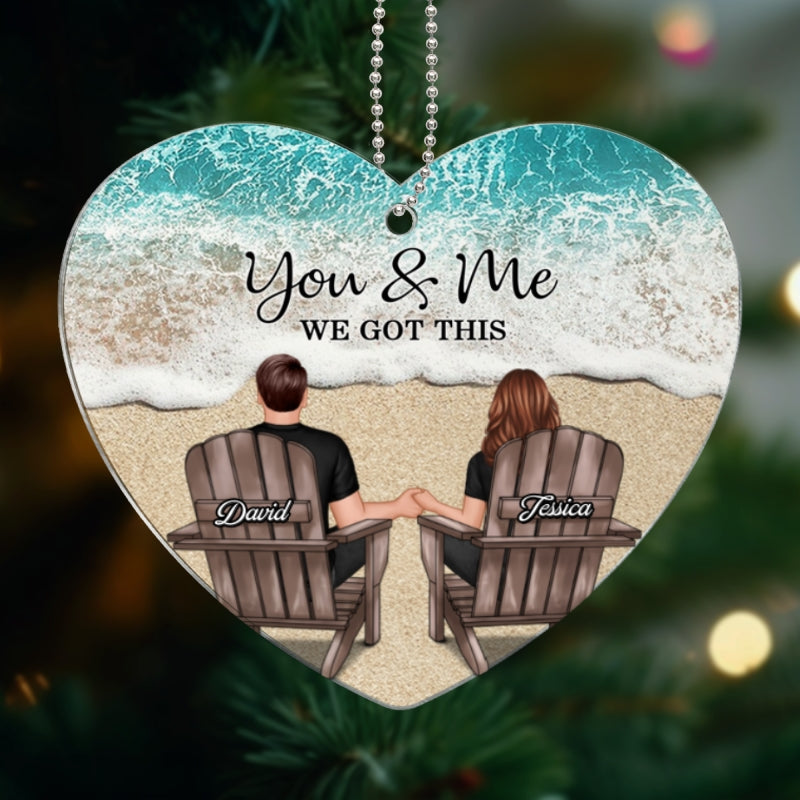 Couple We Got This Beach Landscape Personalized Heart Shaped Acrylic Ornament, Christmas Gift For Wife Husband