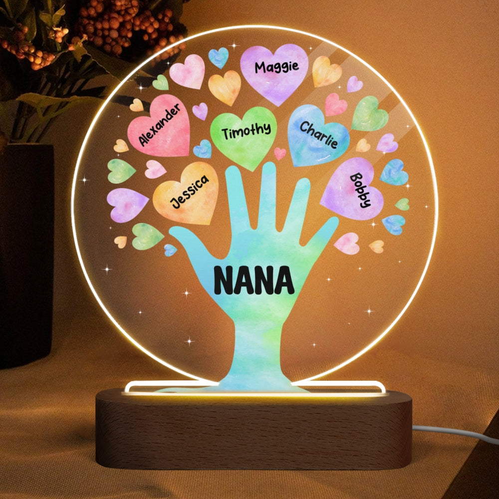 Grandma Tree Hand & Colorful Hearts Personalized Acrylic Plaque With LED Night Light