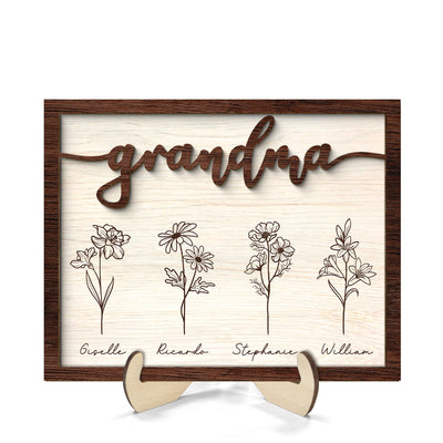 Rustic Grandma Flowers Personalized 2-Layer Wooden Plaque