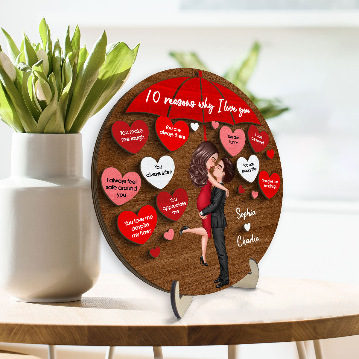 Reasons I Love You Couple Kissing Under Umbrella Personalized 2-layer Wooden Plaque
