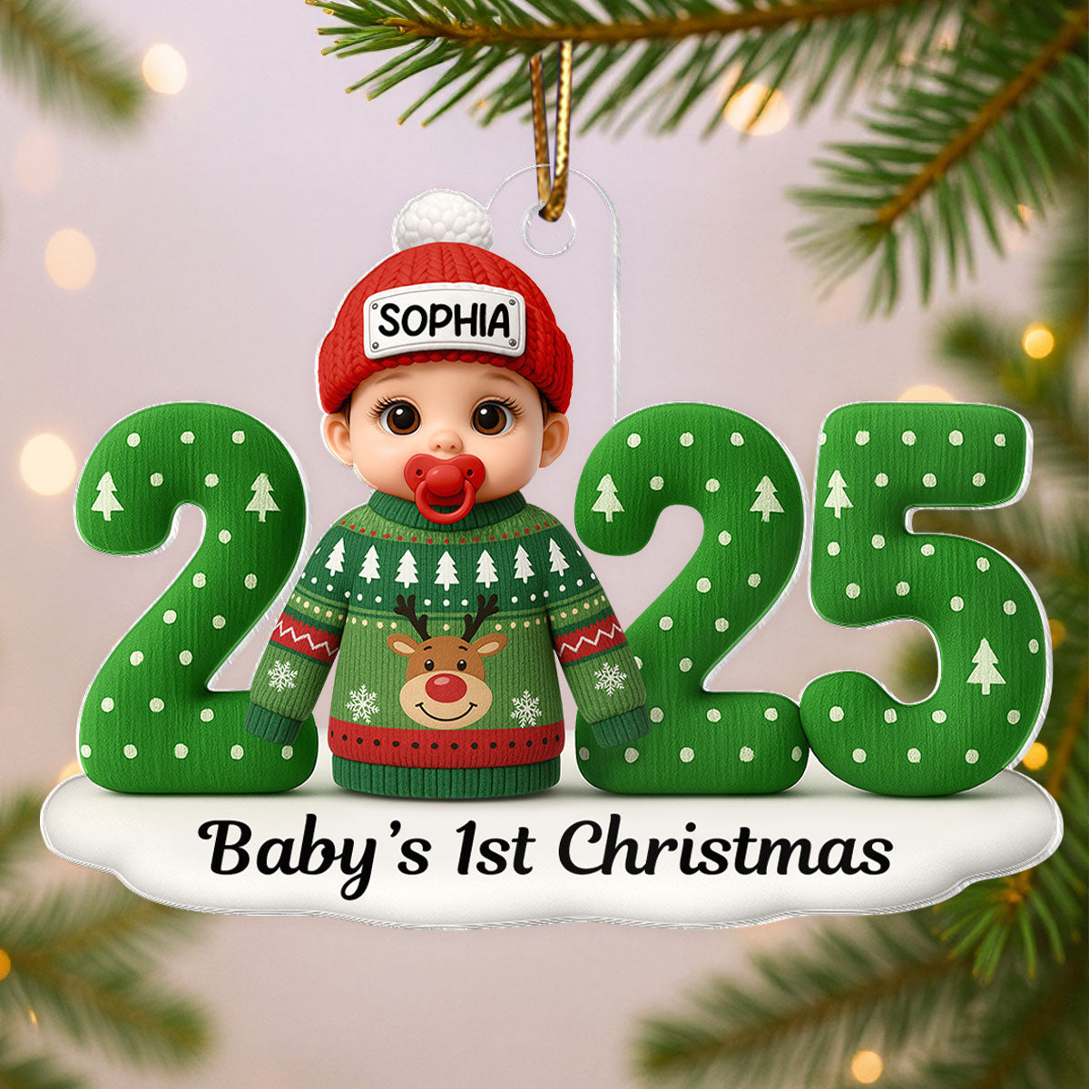 Baby In Ugly Sweater First Christmas - Personalized Acrylic Ornament - Unique Christmas Gift For New Parent, Newborn Keepsake